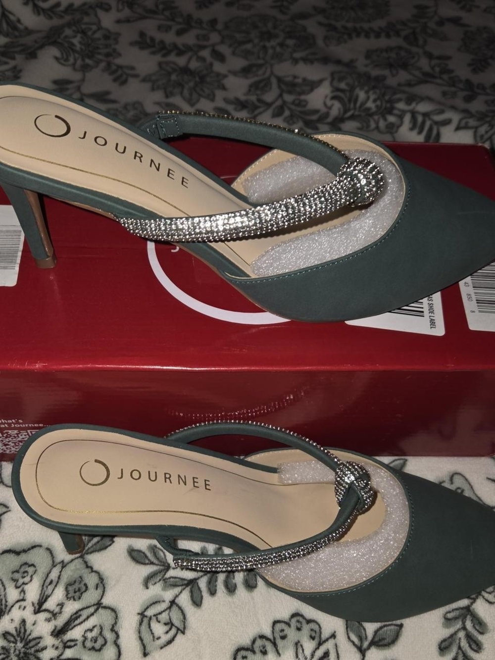 Journee Green Rhinestone Strap Pointed Toe Slingback Heels